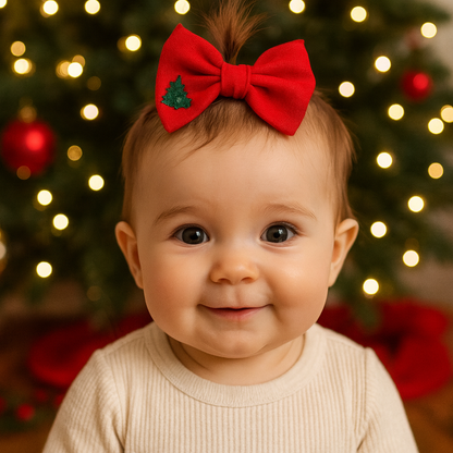 Small Christmas Tree Linen Hair Bows - Holiday Bows for Girls