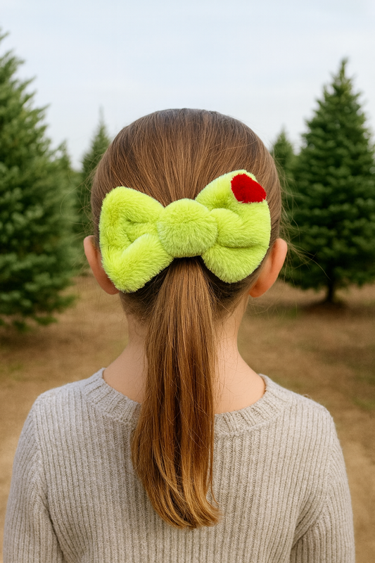 Green Grinch Hair Bow with Red Heart - Christmas Holiday Hair Accessory