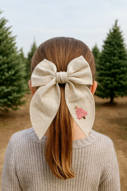 Linen Christmas Hair Bows with Embroidered Holiday Designs - Holiday Hair Bows for Girls and Women