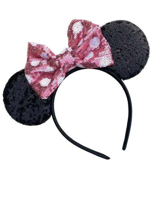 *Chunky Pink Polka Dot Bow Mouse Ear Headband