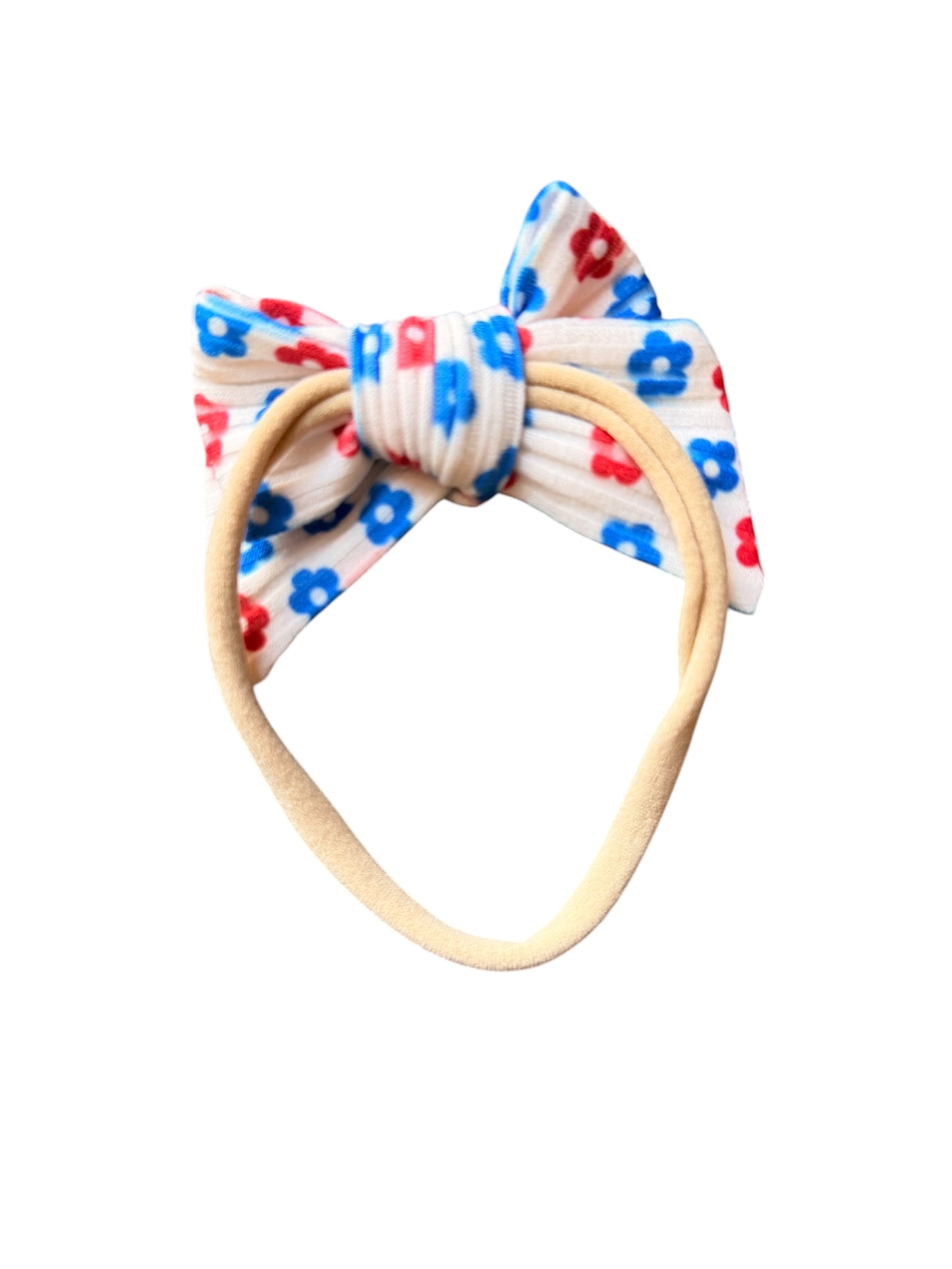 Patriotic Floral Hair Bows for Girls | White with Red & Blue Flowers | 4th of July