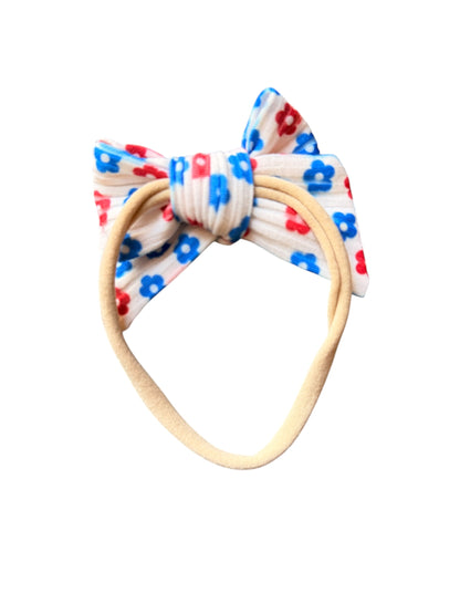 Patriotic Floral Hair Bows for Girls | White with Red & Blue Flowers | 4th of July