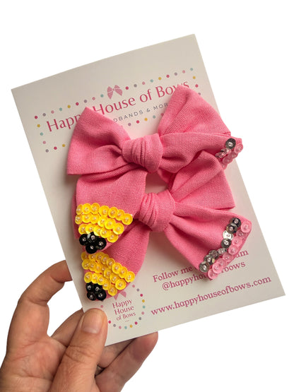 Pink Embellished Pencil Hair Bow for Little Girls – Back to School Alligator Clip