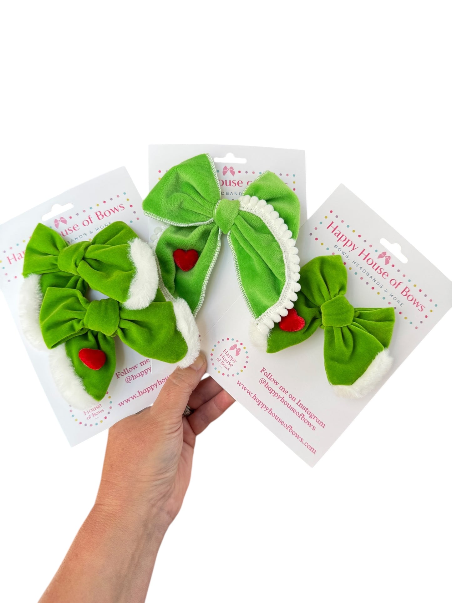 Grinch Hair Bow - Grinch Green & Red Heart Bow