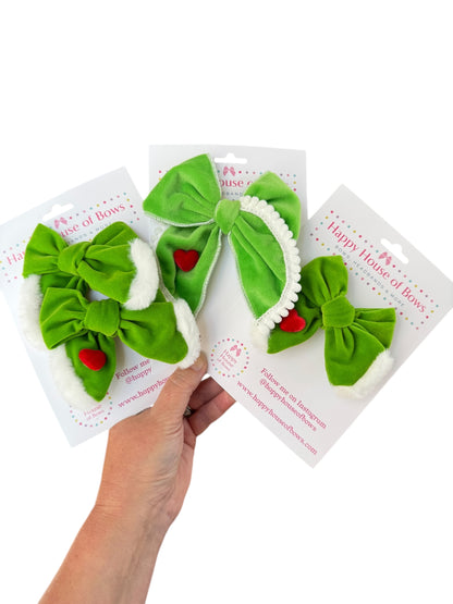 Grinch Hair Bow - Grinch Green & Red Heart Bow