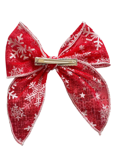 Red Snowflake Sheer Hair Bows - Christmas Glitter Bows for Girls