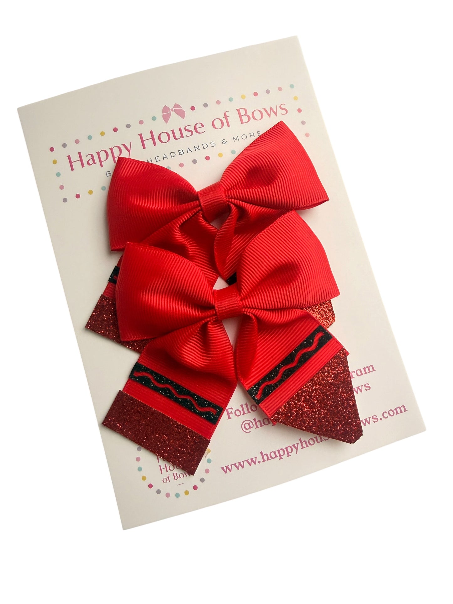 A large red grosgrain ribbon bow with glittery red and black patterned ends, displayed on a white backing card printed with 'Happy House of Bow' branding.
