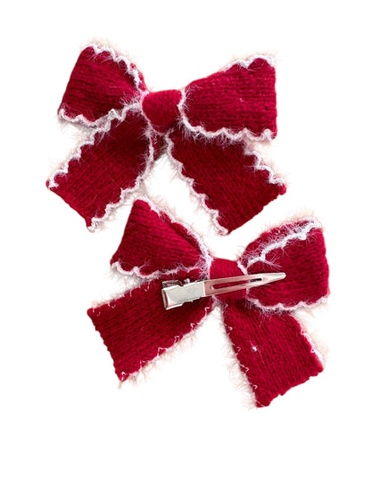 Knit and White Trim Pigtails Hair Bows for Girls - Soft Knit Pigtail Clips