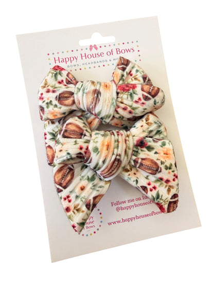 Cream Floral Football Hair Bows on Clip