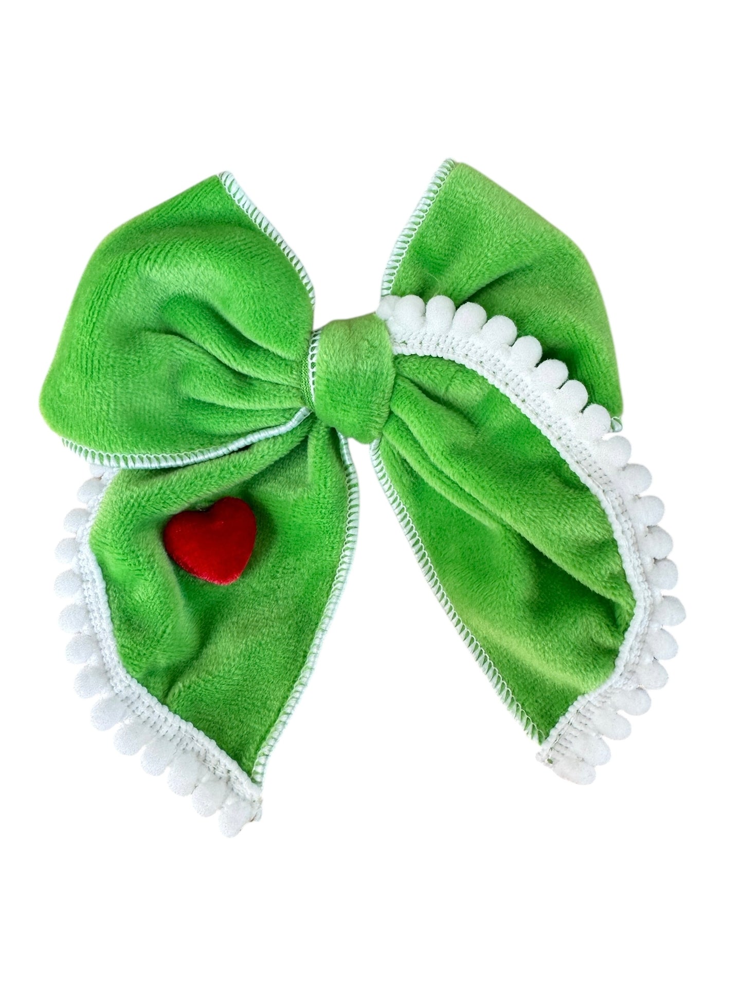 Grinch Hair Bow - Grinch Green & Red Heart Bow
