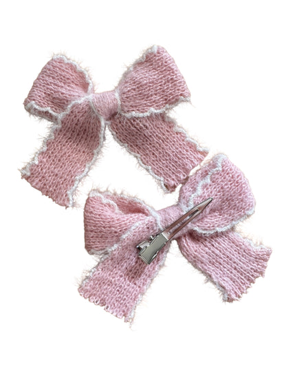 Knit and White Trim Pigtails Hair Bows for Girls - Soft Knit Pigtail Clips