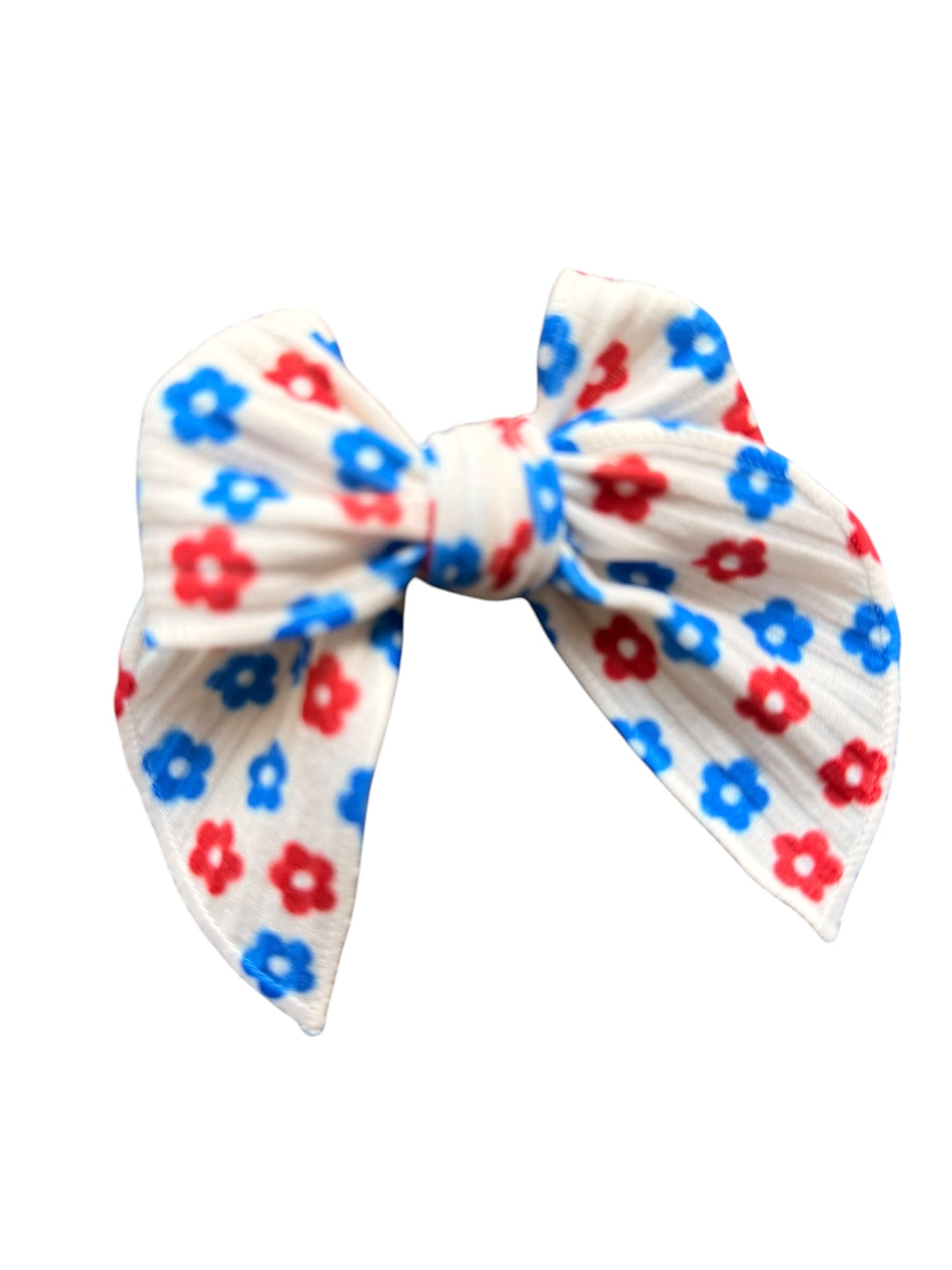 Patriotic Floral Hair Bows for Girls | White with Red & Blue Flowers | 4th of July