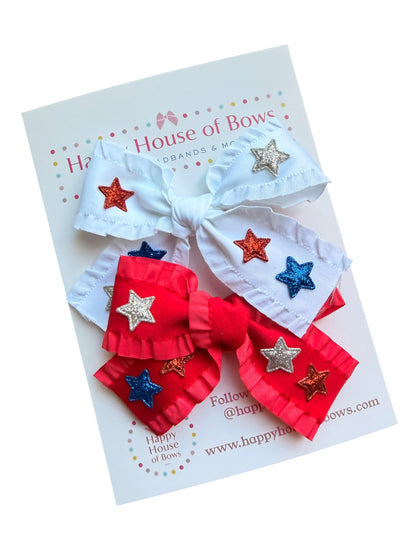 Patriotic Ribbon Hair Bows with Red, Blue & Silver Stars for Girls | 4th of July