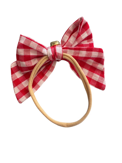 Red Checkered Jingle Hair Bow - Red Plaid Christmas Bow for Girls