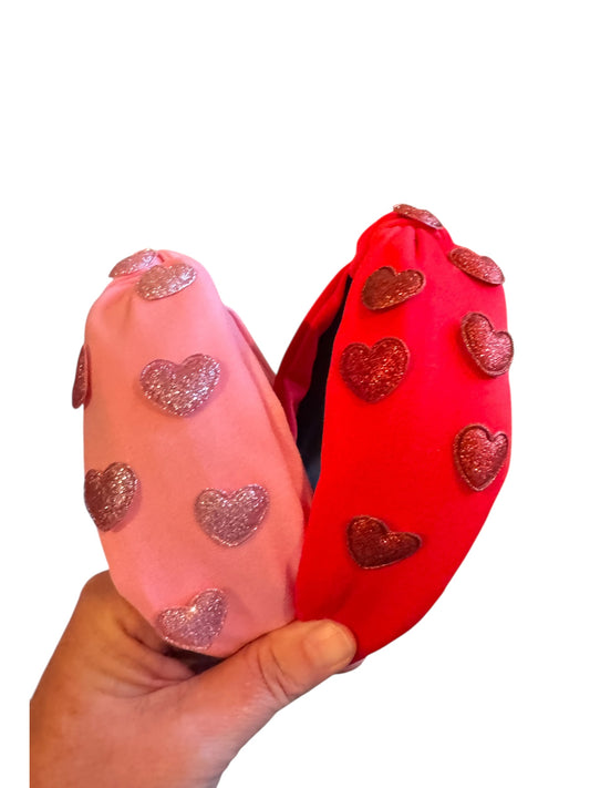 Glitter Hearts Tie Knot Headband - Valentine's Day Headband for Girls