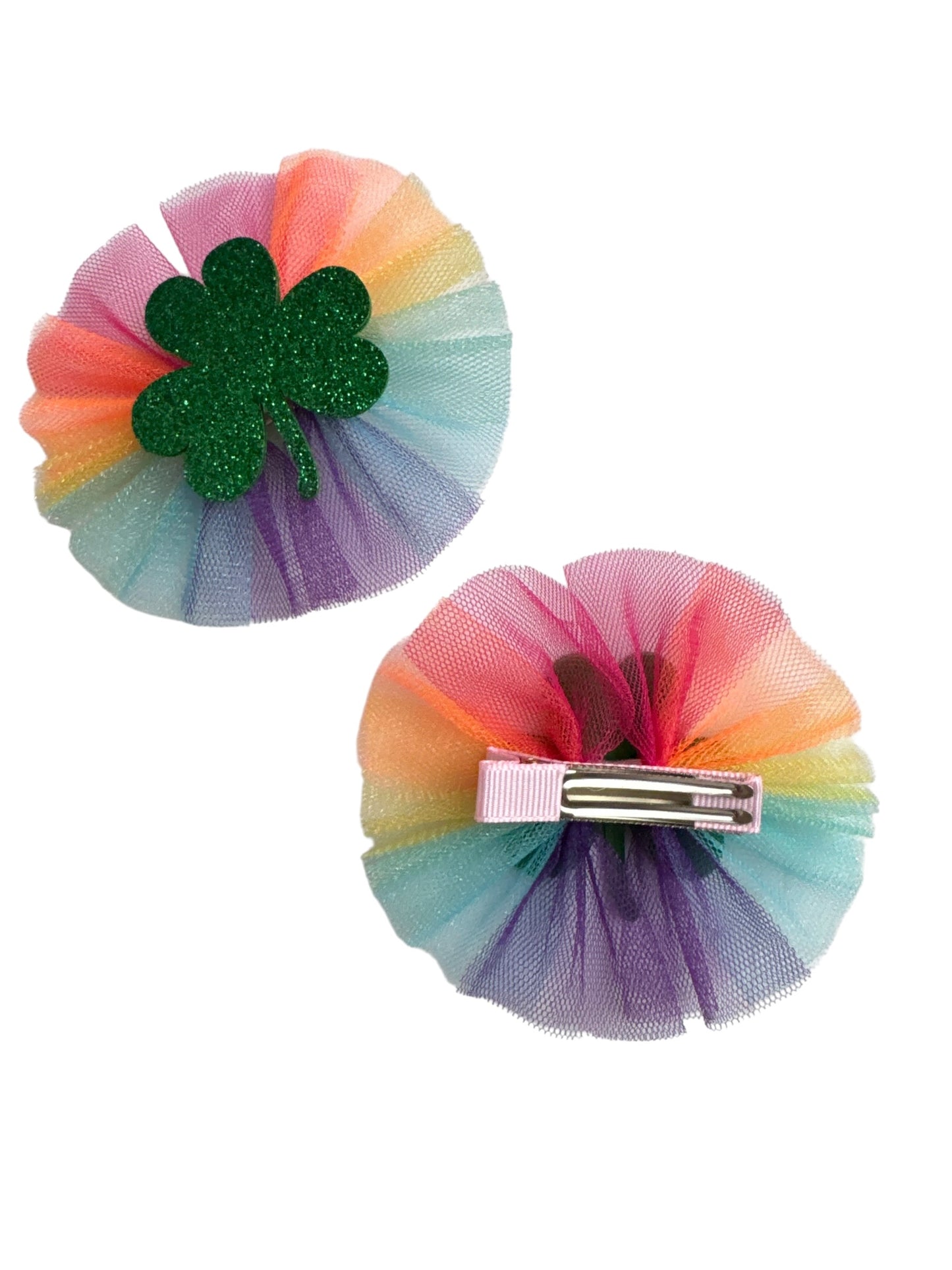St. Patrick's Day Rainbow Shamrock Hair Bow - Tulle Alligator Clip