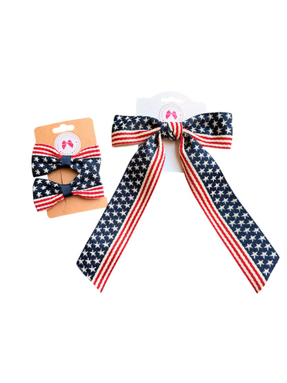 Patriotic Hair Bows - Navy & Red Stripes | 4th of July & Memorial Day Hair Clips