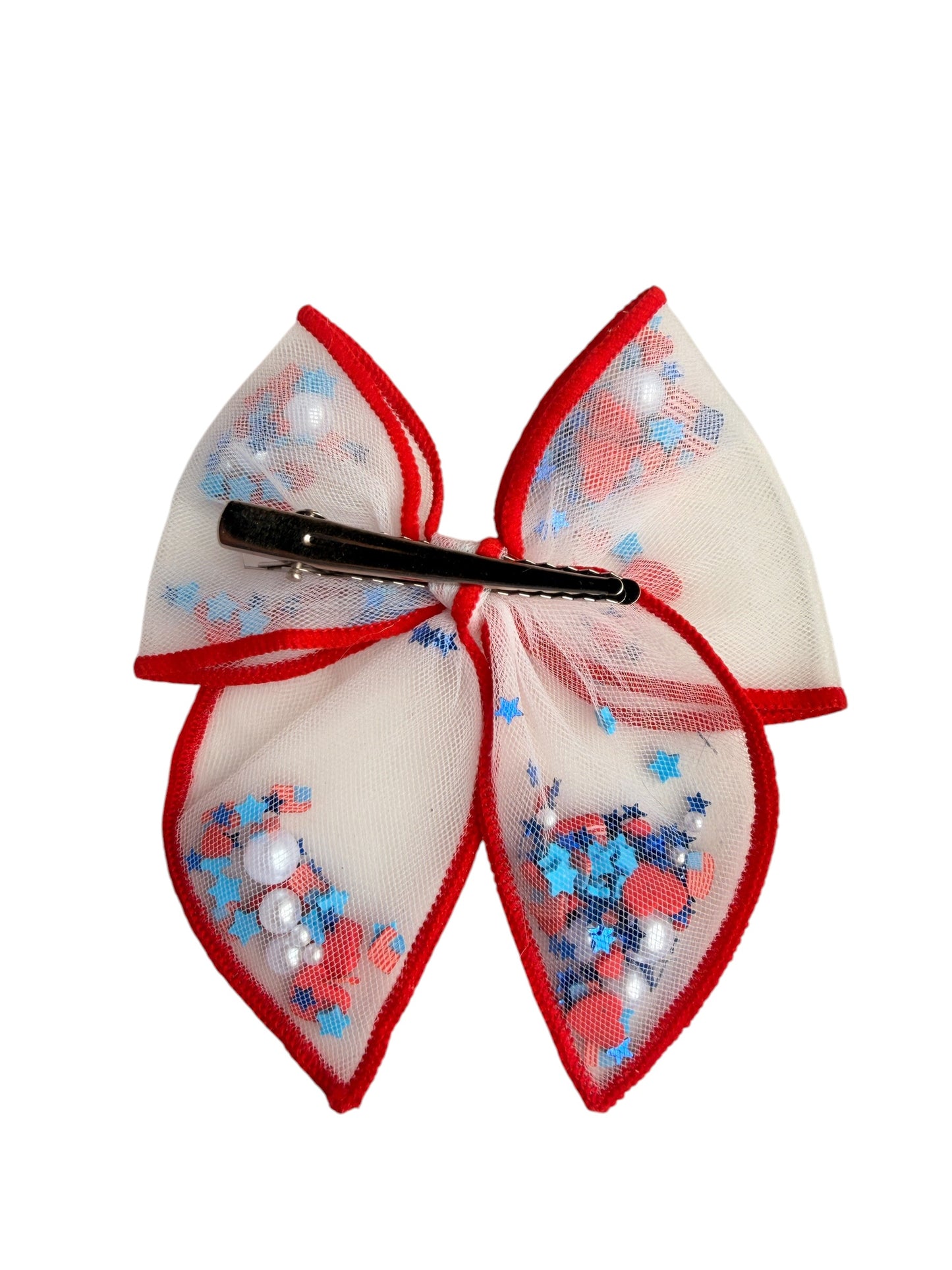 Flags & Hearts Shaker Hair Bows – Patriotic 4th of July Alligator Clip