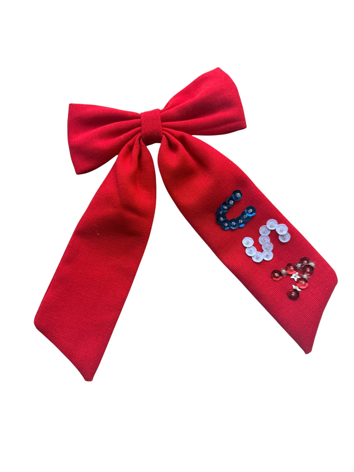 Red Linen USA Hair Bow – Patriotic Long Tail Bow for 4th of July