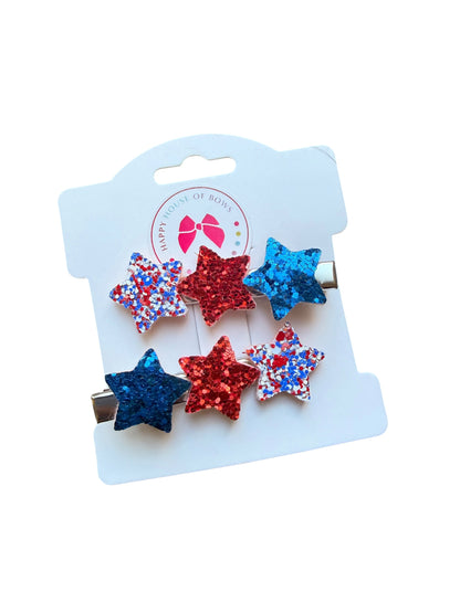 Patriotic Glitter Star Hair Clips for Girls | Red, White & Blue