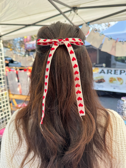 Red Heart Long Tail Hair Bows - Valentine's Day Hair Bows for Girls