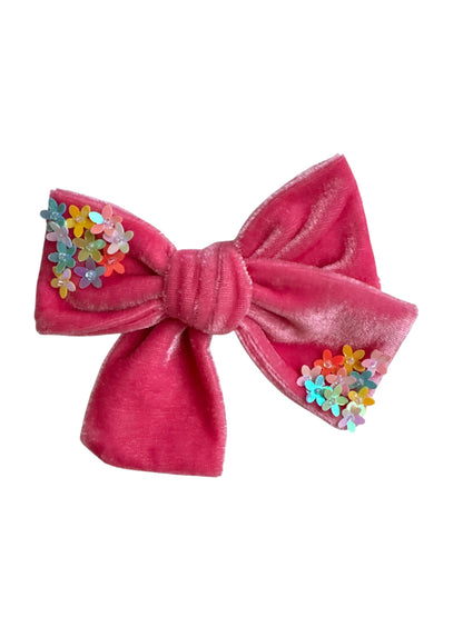 Velvet Hair Bows with Sequin Flowers - Girls Alligator Clip Bows
