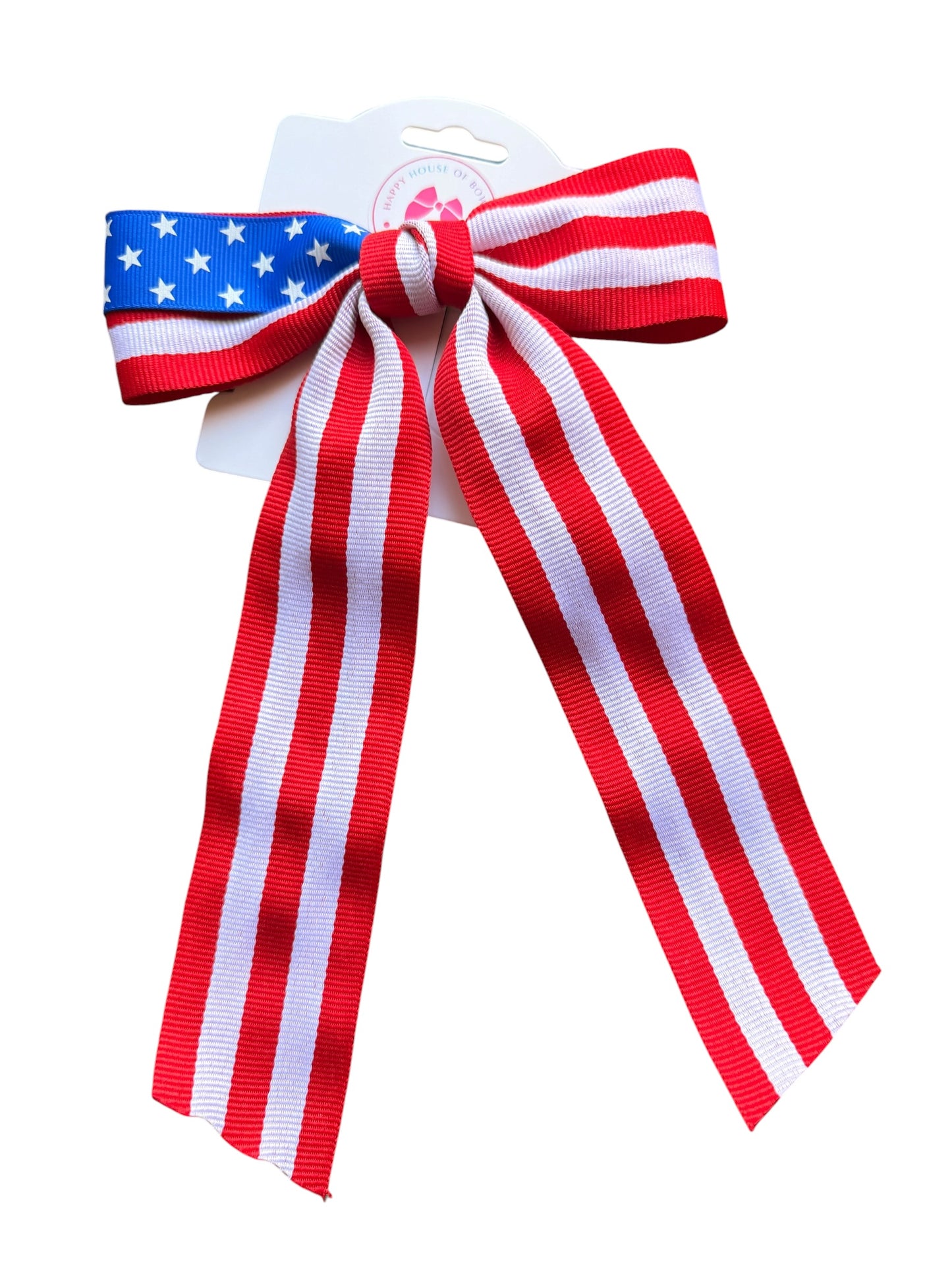 Patriotic Long Tail Hair Bows - Stars & Stripes | 4th of July & Memorial Day Hair Clips