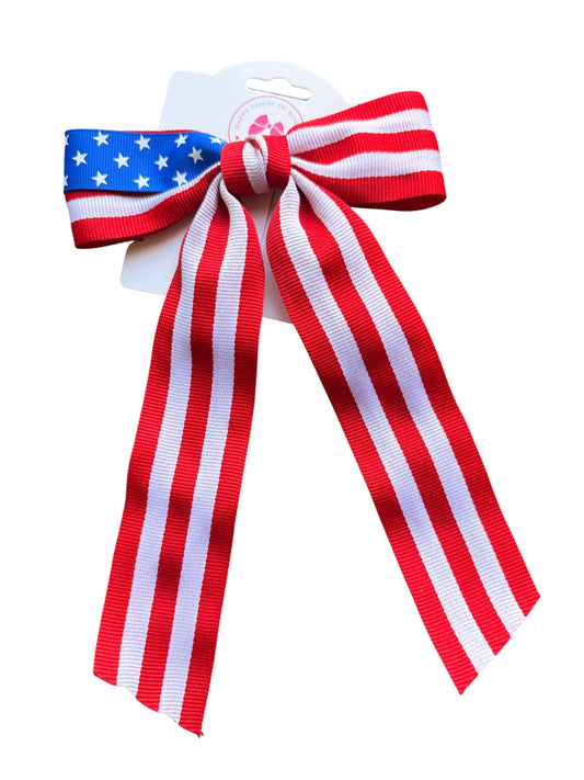 Patriotic Long Tail Hair Bows - Stars & Stripes | 4th of July & Memorial Day Hair Clips