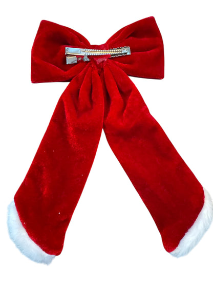 Red Velvet Santa Hair Bow with White Fur Trim - Christmas Hair Accessory