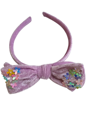 Velvet Bow Headband with Sequin Flowers - Girls & Women Hair Accessory