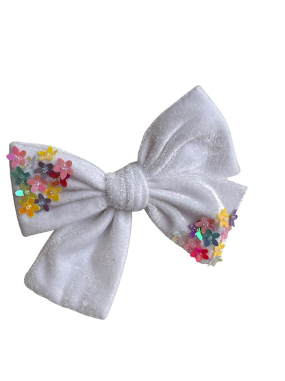 Velvet Hair Bows with Sequin Flowers - Girls Alligator Clip Bows
