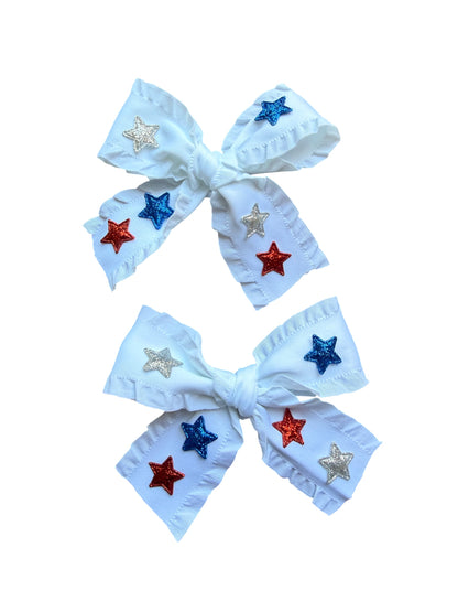 Patriotic Ribbon Hair Bows with Red, Blue & Silver Stars for Girls | 4th of July