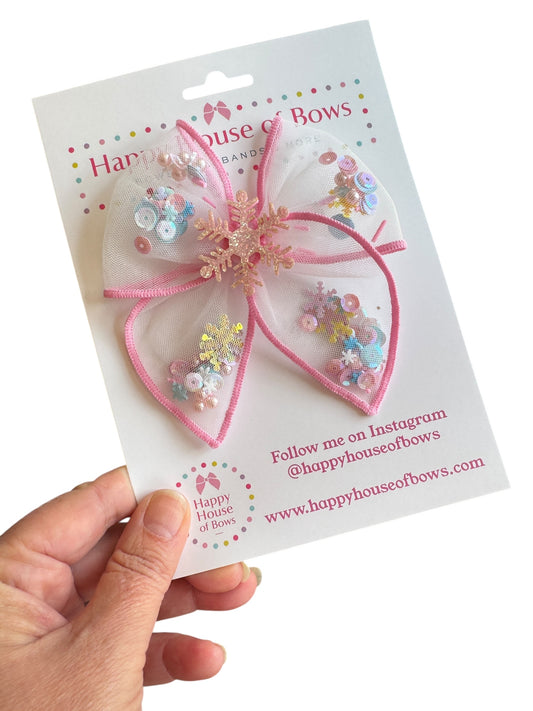 Pink Snowflake Shaker Hair Bows - Christmas Glitter Confetti Bows for Girls