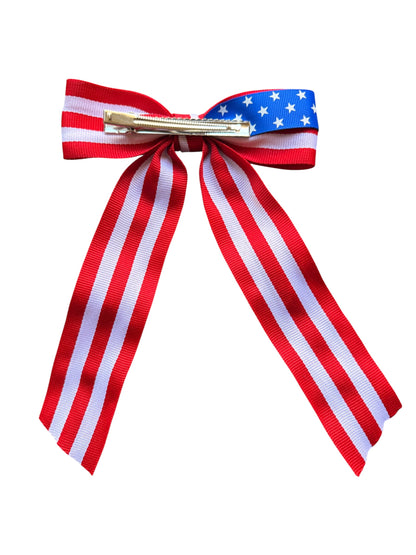 Patriotic Long Tail Hair Bows - Stars & Stripes | 4th of July & Memorial Day Hair Clips