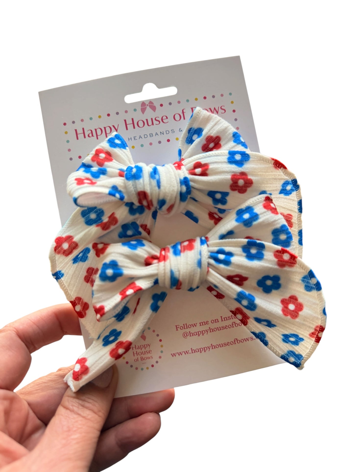 Patriotic Floral Hair Bows for Girls | White with Red & Blue Flowers | 4th of July