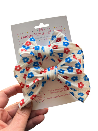 Patriotic Floral Hair Bows for Girls | White with Red & Blue Flowers | 4th of July