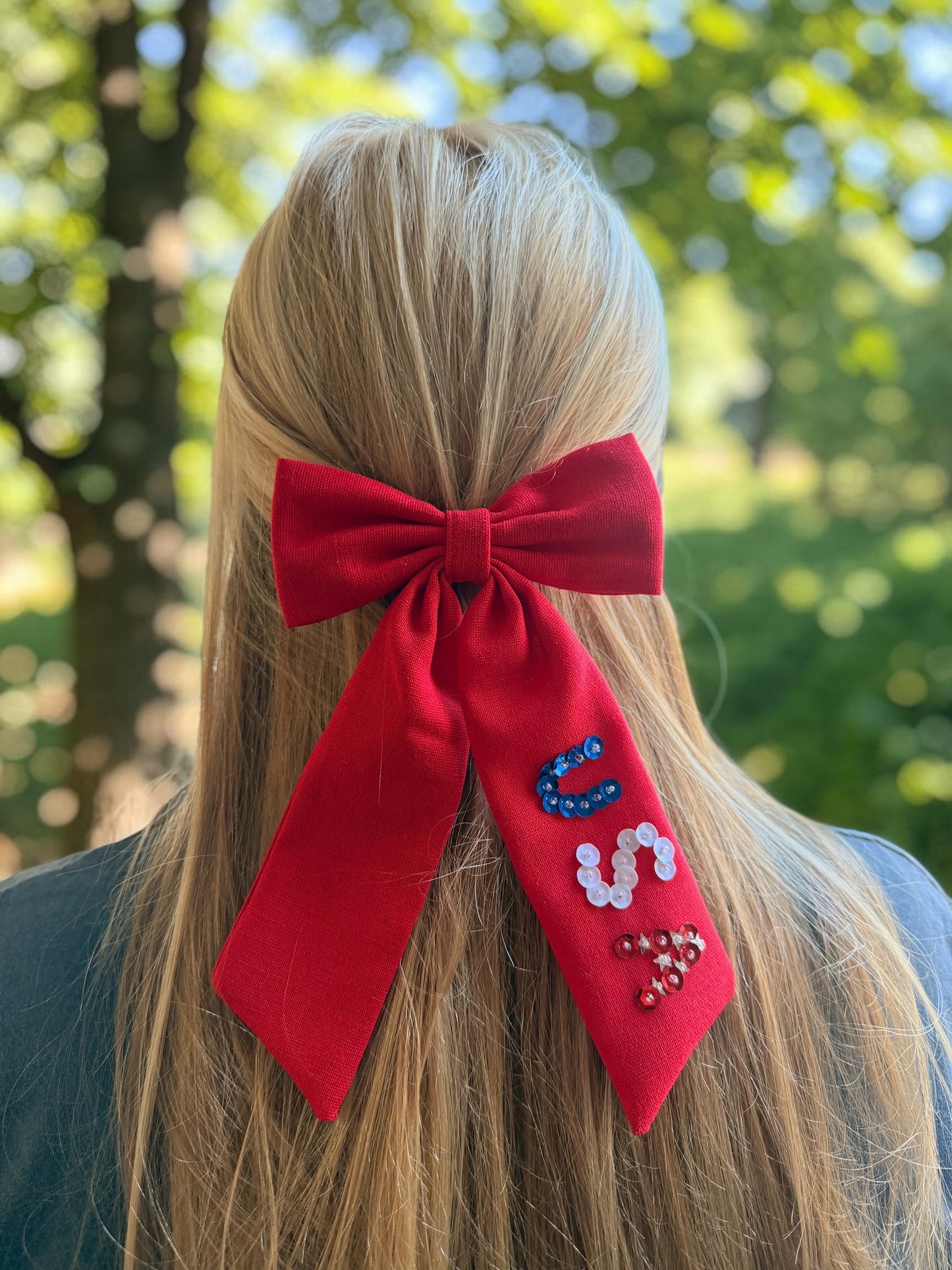 Red Linen USA Hair Bow – Patriotic Long Tail Bow for 4th of July