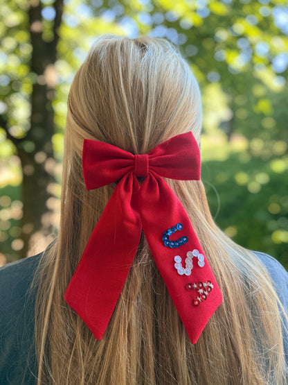 Red Linen USA Hair Bow – Patriotic Long Tail Bow for 4th of July