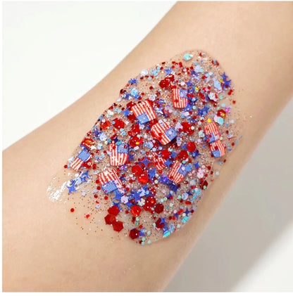 Glittery red, white, and blue hair gel on a person's arm.