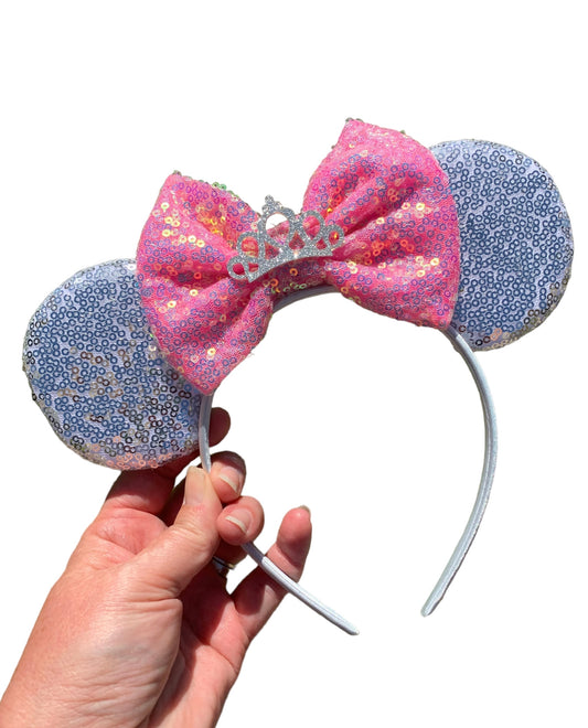 *Silver and Pink Crown Mouse Ear Headband