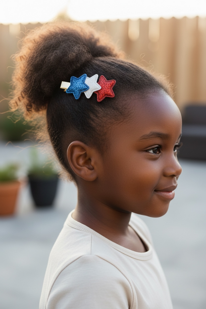 4th of July Glitter Star Hair Clips for Girls | Red, White & Blue