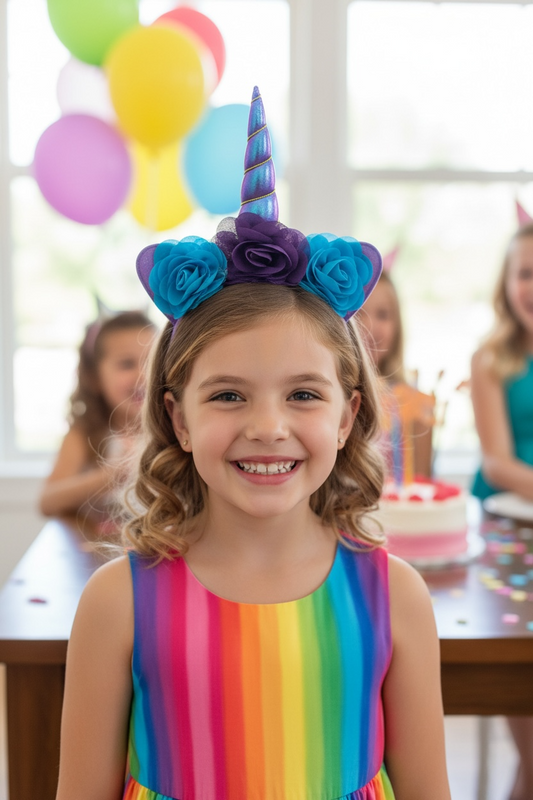 Girls' Purple Iridescent Unicorn Headband | Glitter Horn & Floral Hair Accessory