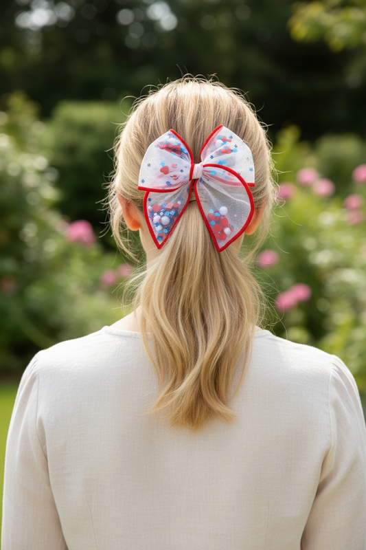 Flags & Hearts Shaker Hair Bows – Patriotic 4th of July Alligator Clip