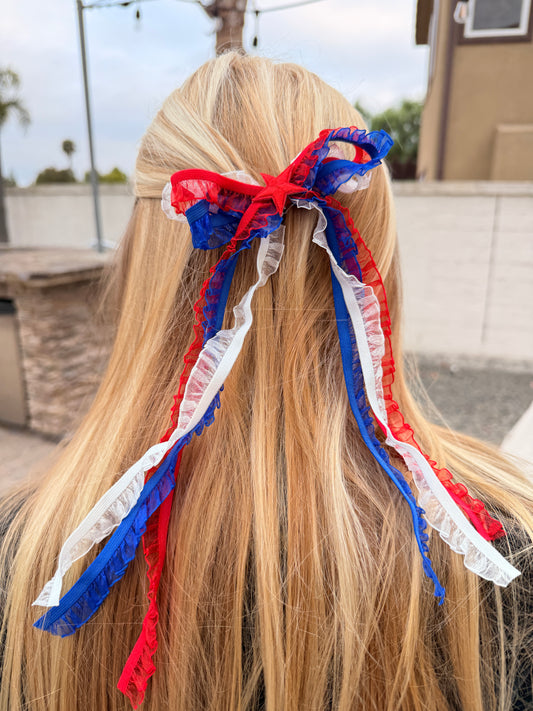 4th of July Messy Ribbon Bow Hair Clip – Red, White, & Blue Memorial Day Accessory