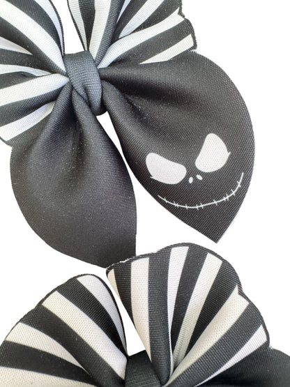Skeleton Jack Bubble Hair Bow – Black & White Stripe Halloween Bow for Girls