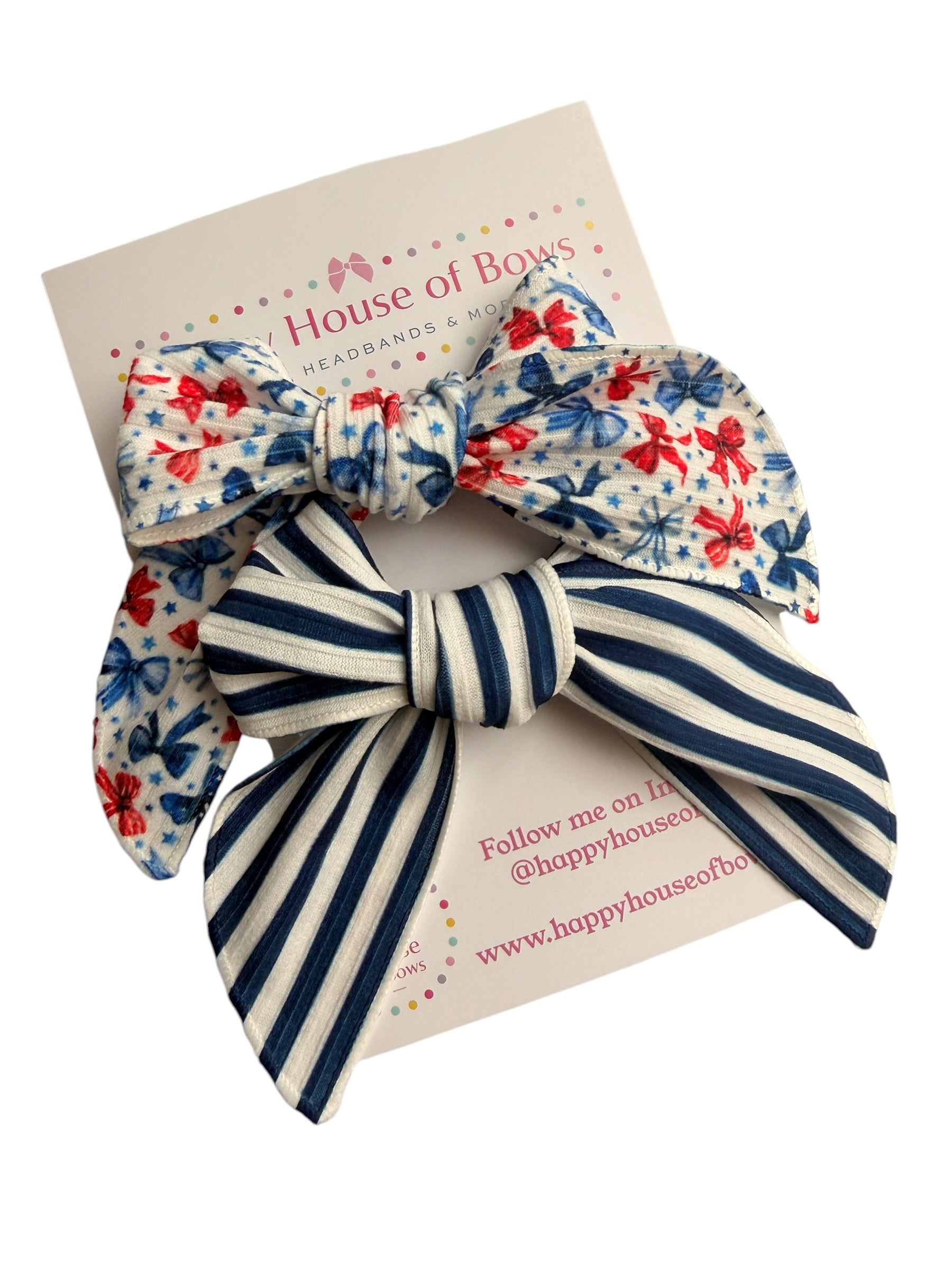 Two hair bows on a card with 'House of Bows' branding.
