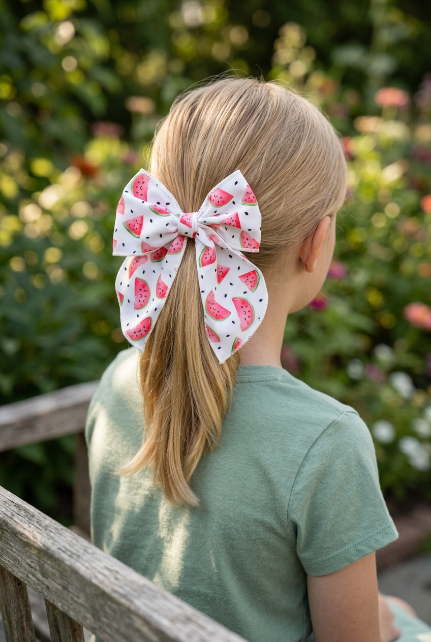 Pink Watermelon Hair Bow for Girls | Summer Alligator Clip & Pigtail Set