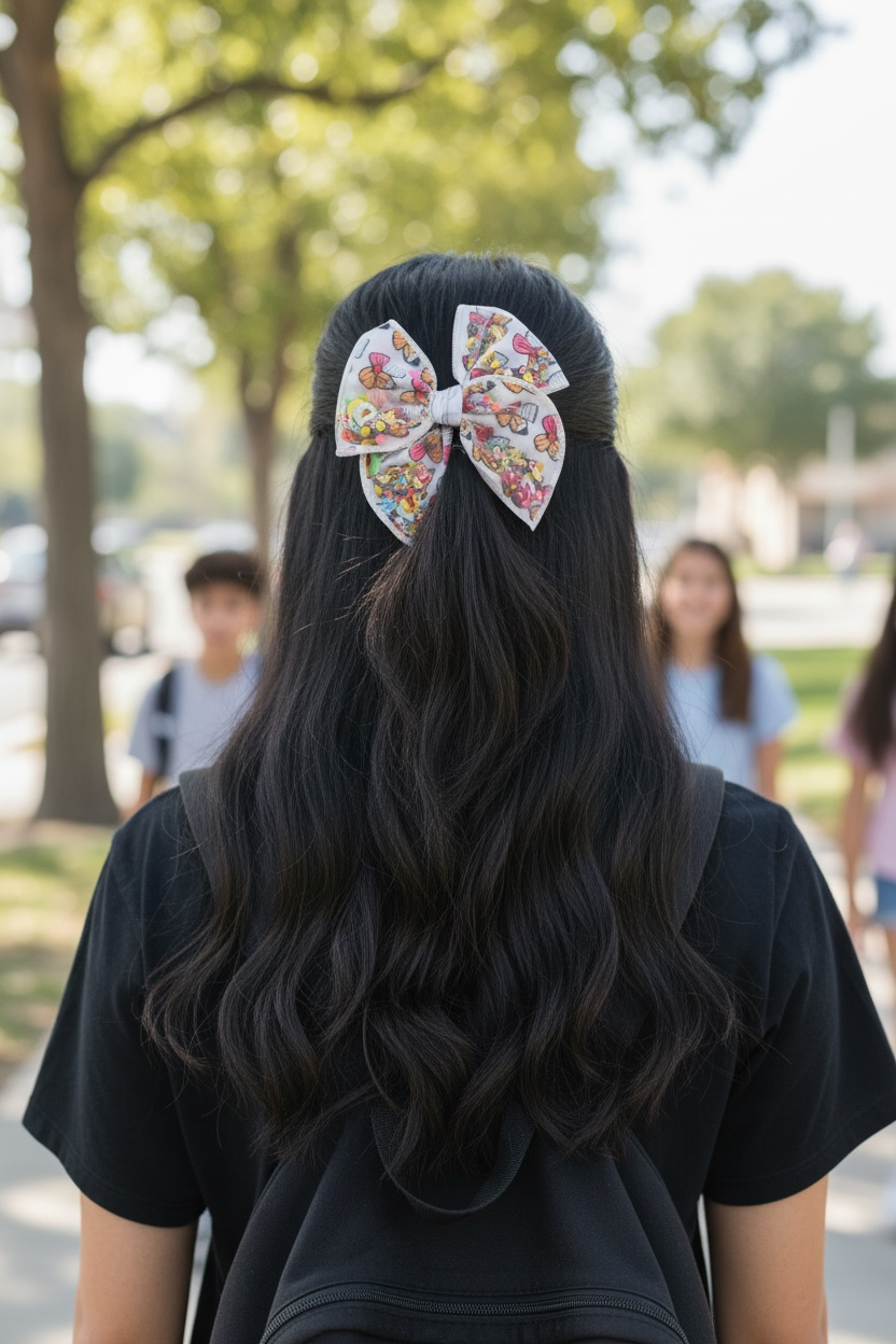 pencil shaker bow attached to a girls head with a school in the background. 
