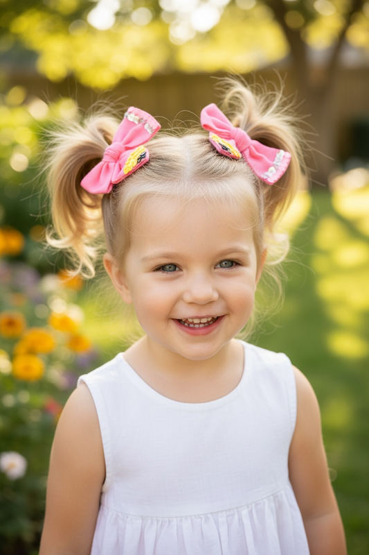 A young girl with blonde hair styled in two pigtails wearing pink patterned hair bows, dressed in a white sleeveless dress, set against a soft-focus outdoor garden background.