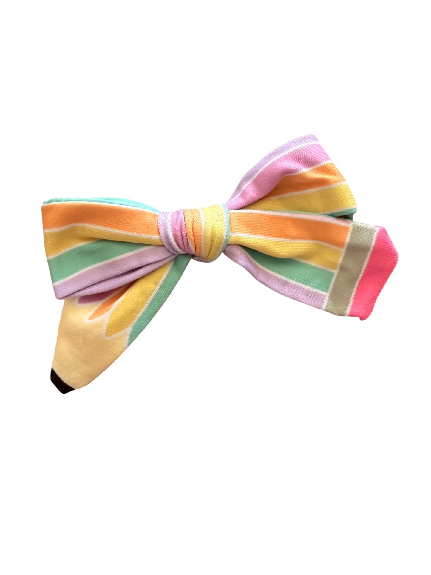 A pastel striped bow tie with horizontal bands of pink, yellow, orange, green, and purple on a solid white background.
